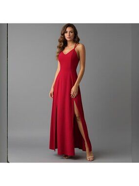 Red Burgundy Double High Slit V-Neck Maxi Dress